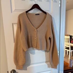 SHEIN Camel V-Neck Button-Up Cropped  Knit Cardigan Sweater